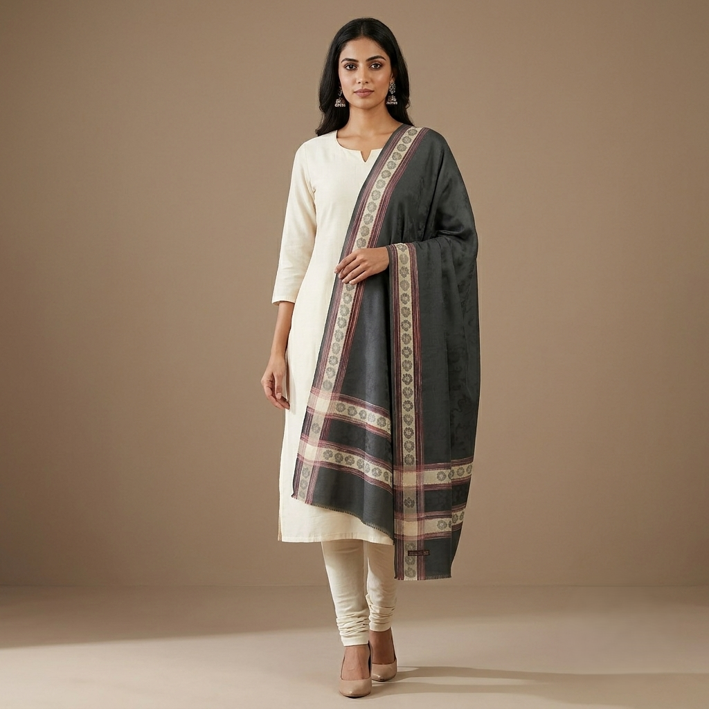 Women's Kashmiri Zari Shawl with Four-Side Border, elegant traditional embroidered shawl by The Amritsar Store
