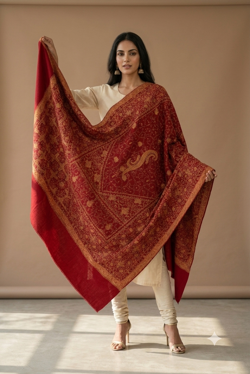 Women's maroon hand embroidered shawl featuring elegant traditional craftsmanship and timeless artisanal detailing by The Amritsar Store.