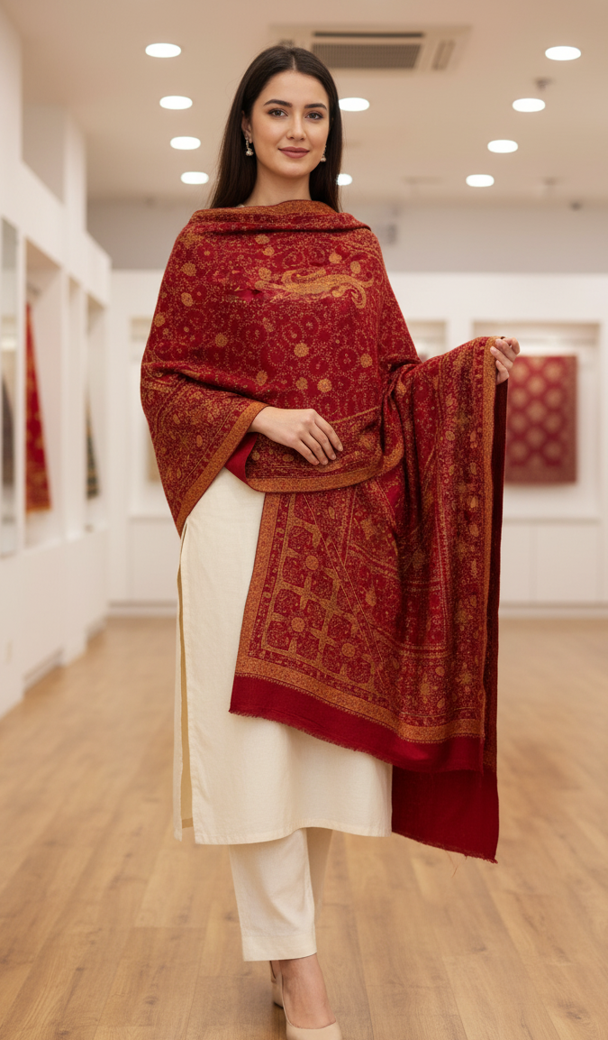 The Amritsar Store Elegant Maroon Hand Embroidered Shawl – finely crafted with intricate threadwork, showcasing timeless Kashmiri artistry and sophistication.