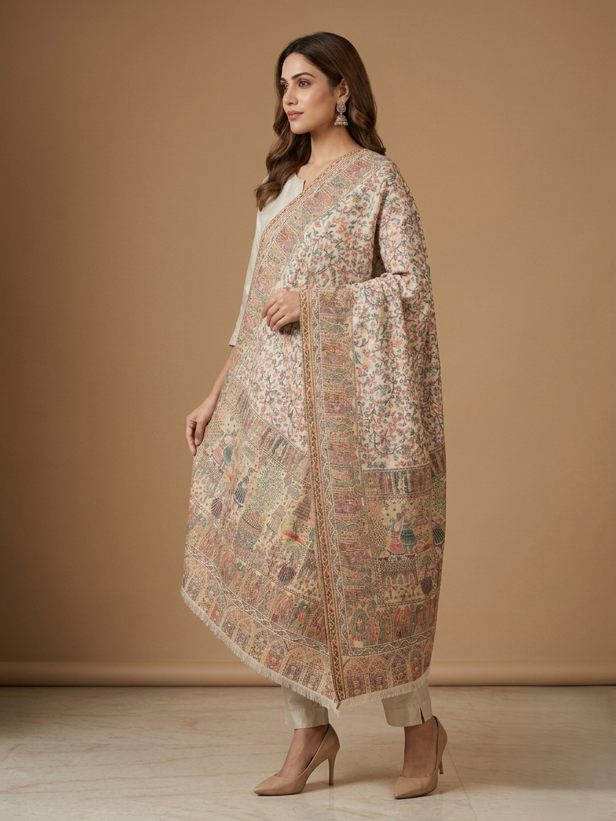 Women's Mughal Darbar heritage floral jaal woven designer shawl featuring intricate traditional motifs inspired by royal Mughal artistry.