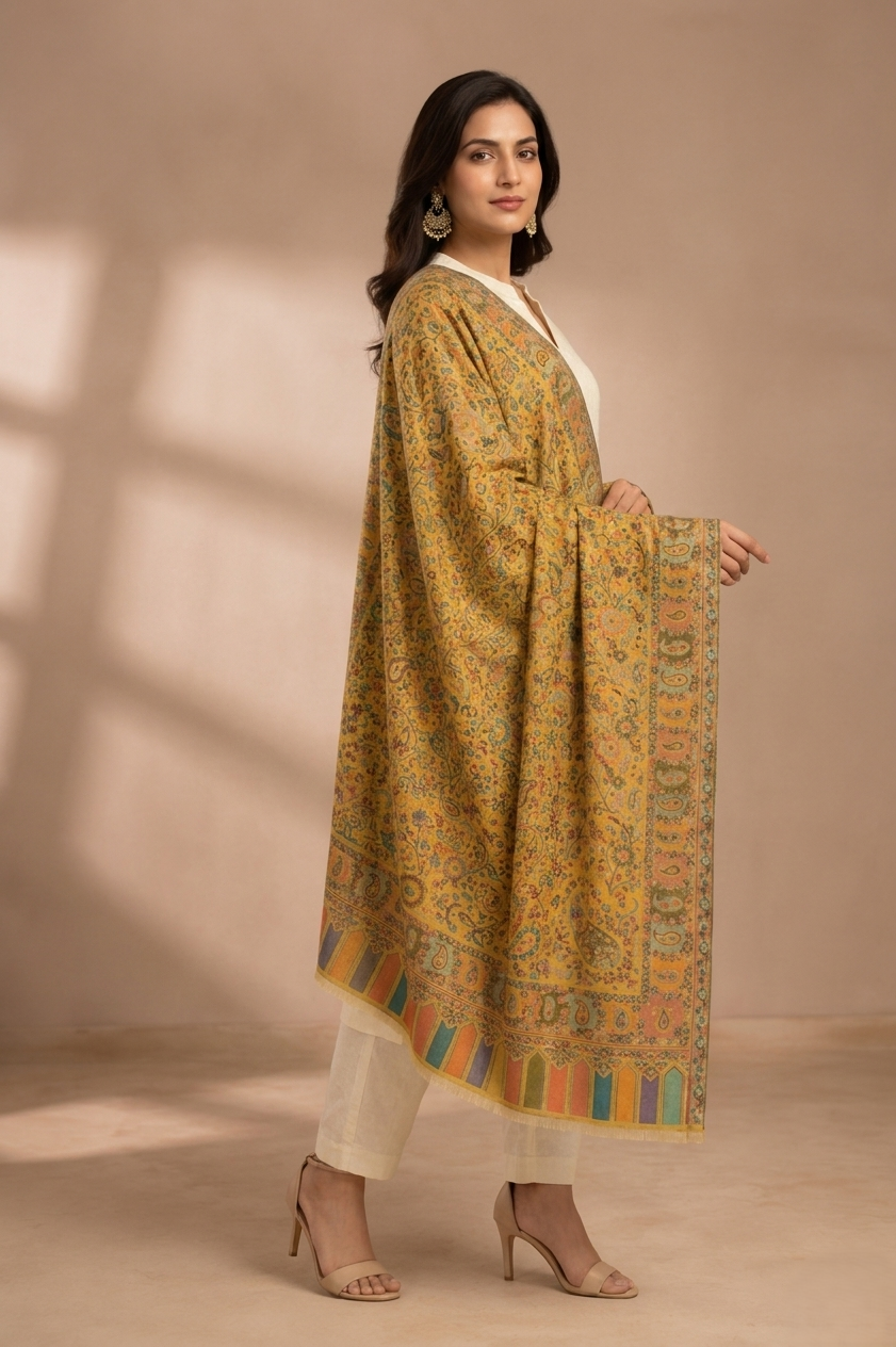Women's Kashmiri Jaal weave shawl featuring multicolor paisley motifs in an elegant designer wrap with intricate traditional craftsmanship.