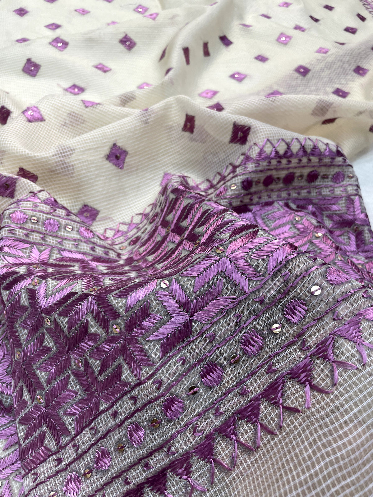 Phulkari Dupatta in off white and purple with hand embroidery for women by