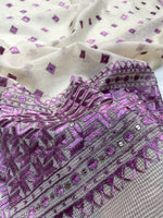 Phulkari Dupatta in off white and purple with hand embroidery for women by