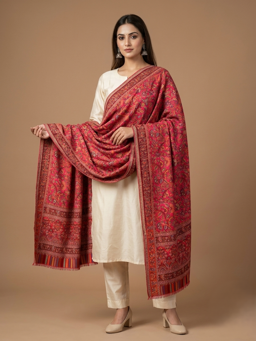 Women's Shawl featuring crimson Floral Jaal heritage woven design with intricate multicolor borders by The Amritsar Store