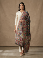 Women's Stole featuring Black Royal Heritage Mughal Darbar scene with intricate Floral Jaal woven design by The Amritsar Store