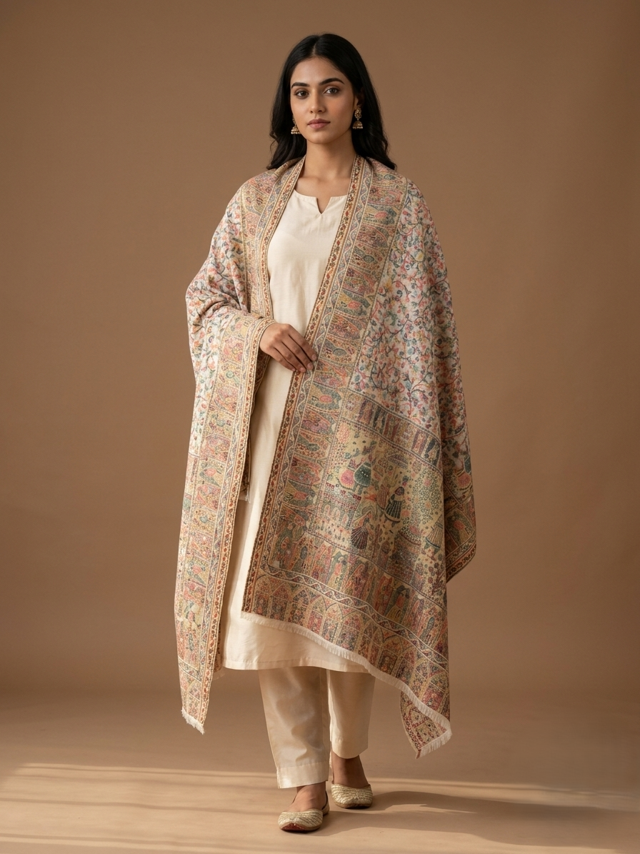 Women's Stole featuring Royal Heritage Mughal Darbar scene with intricate Floral Jaal weave by The Amritsar Store