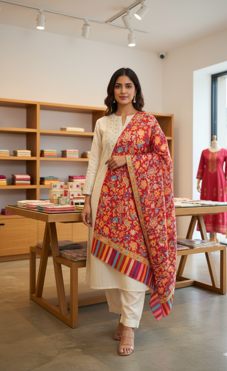 The Amritsar Store Women’s Kalamkari Shawl – Handcrafted Traditional Art featuring intricate patterns and rich traditional design, perfect for elegant ethnic styling
