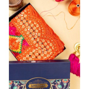 Phulkari Dupatta in Orange Color with Punjabi Traditional Hand Embroidery Cut Work & Stone Work 2.25 Mtr x 0.95 Mtr 
